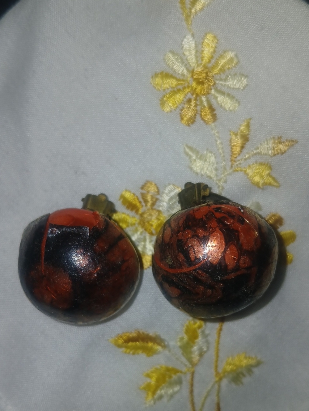 Vintage Hand Crafted Orange and Black Marbled Dome Clip-On Earrings